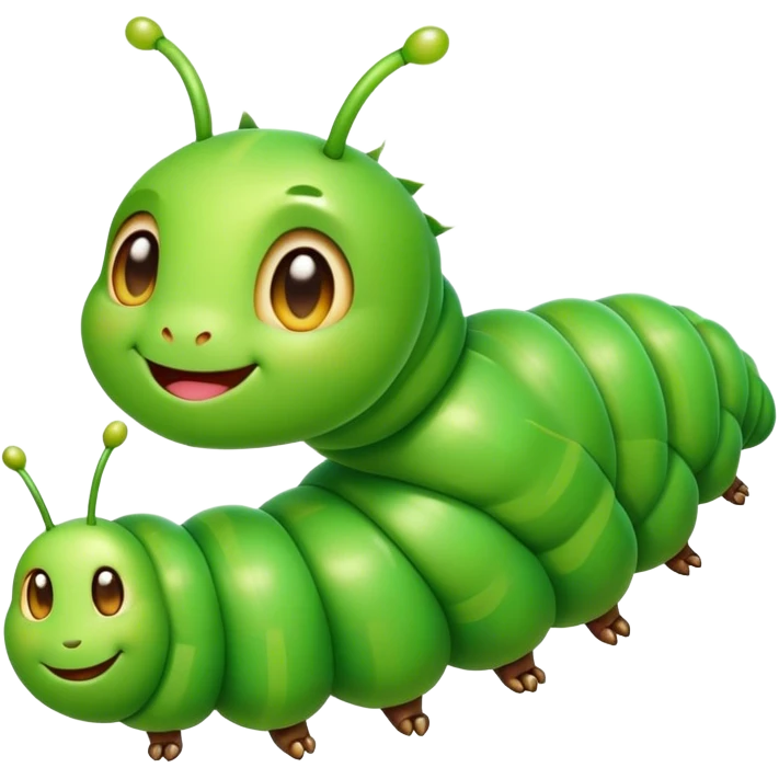 Cinematic Realistic Cute Caterpillar Portrait Emoji, Head tilted playfully and inquisitively, featuring a compact, segmented body in bright, vibrant green with delicate, inviting textures and a charming, rounded face with sparkling eyes full of curiosity, rendered with lifelike detail and natural highlights, high shine, affectionate and spirited, styled with a touch of garden whimsy, soft glowing outline, capturing the essence of a mischievous yet lovable caterpillar that seems poised to crawl cheerfully into your arms! emoji