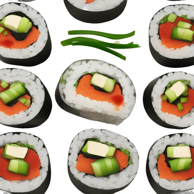sushi roll with green onion and red sauce on top emoji