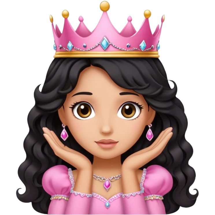 Very very very tanned skin princess, with long black wavy hair and crown and an pink princess outfit with a cute pose with face leaned on her hands emoji