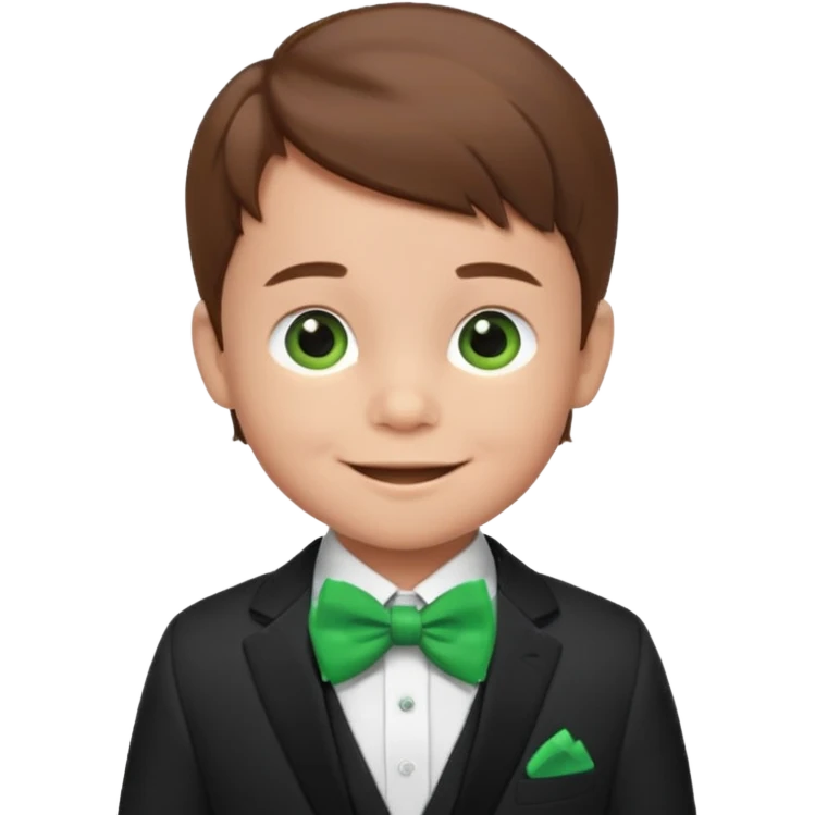 baby cute boy, brown hair in suit, with green bow, smile emoji