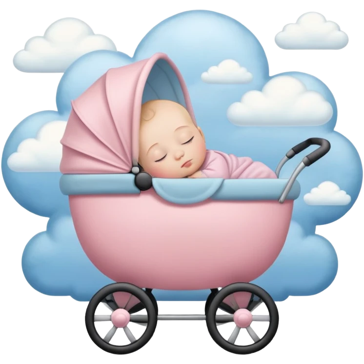 sleeping baby with closed eyes in pink and beige stroller with pastel blue clouds around it emoji