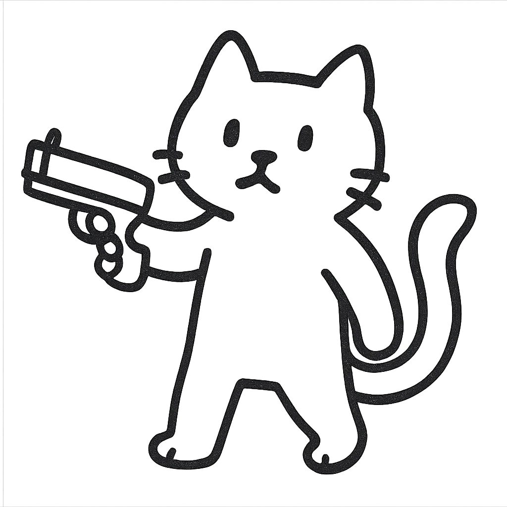 hand-drawn outlined icon of a cat holding a gun emoji