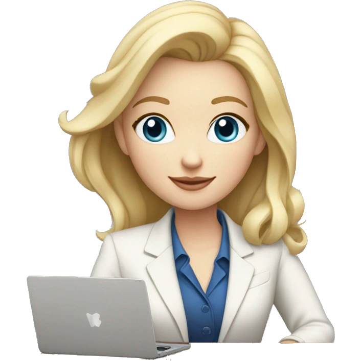 Woman with pale skin, blond hair, blue eyes and a blazer” work outfit sitting at table with Apple laptop emoji