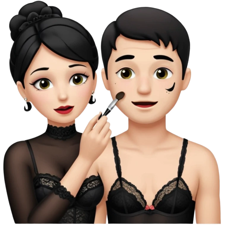 male getting sissified in lingerie by his smug wife. the wife is crying with laughter. she is doing the males makup emoji