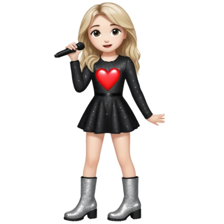Sabrina carpenter singing at a concert wearing a black sparkly mini dress with silver at the end, with silver sparkly boots with heart cut out on the side. Colorful stage setting  emoji