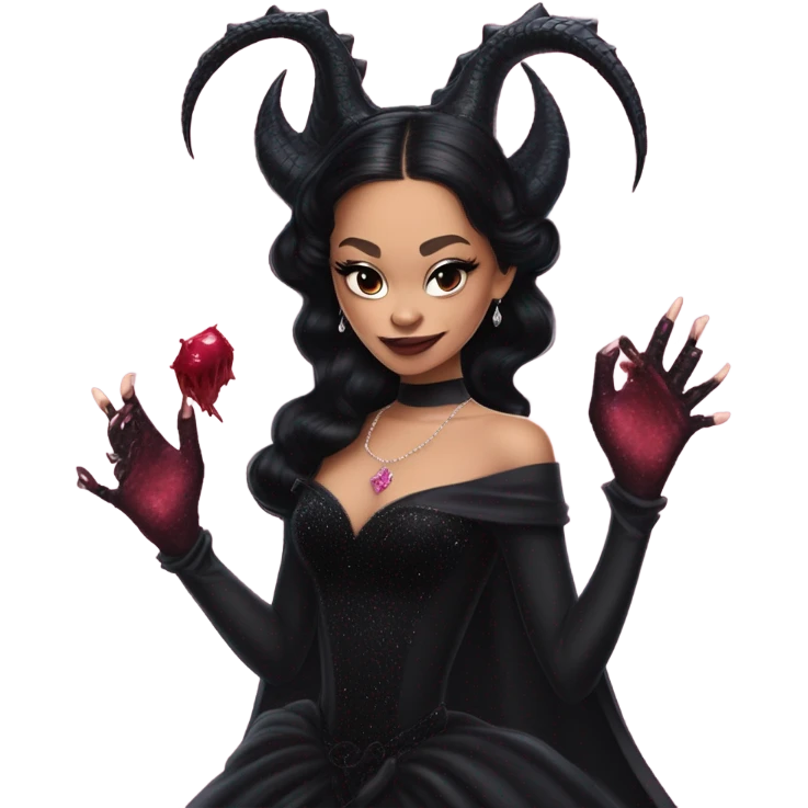 low cut black evening gown with see-through gloves, Jenna Ortega as Addams woman prom queen wearing a mini tiara, very large blood  pink evil-looking horned old dragon companion emoji