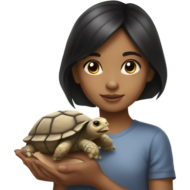 Little girl with black hair and light tan skin holding a tortoise emoji
