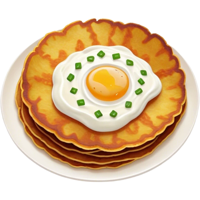 Cinematic Realistic Placki Ziemniaczane Dish Emoji, depicted as crispy potato pancakes served with sour cream rendered with vivid textures and warm, appetizing lighting. emoji
