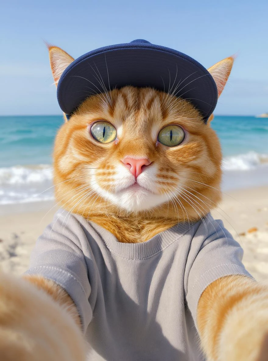 Orange tabby cat in a t-shirt and cap taking selfies against the background of beach and blue sea, shot with an 85 mm f/11 lens, ISO 100, 8K RAW, no blur emoji