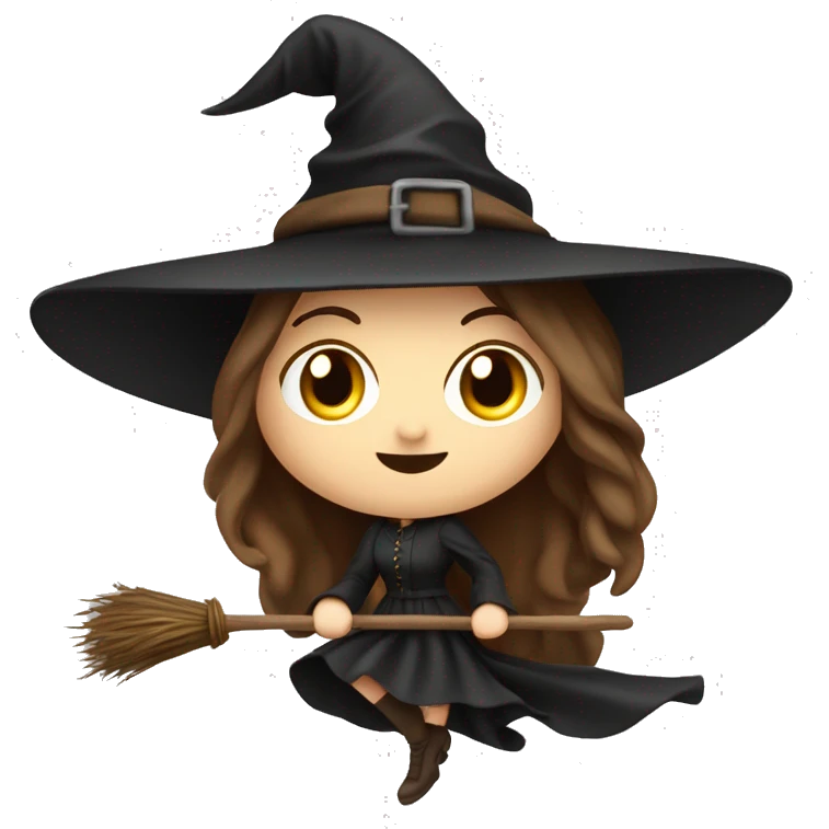brown waistlong hair witch flying on a broom european white skin, full lips, slendr figure  emoji