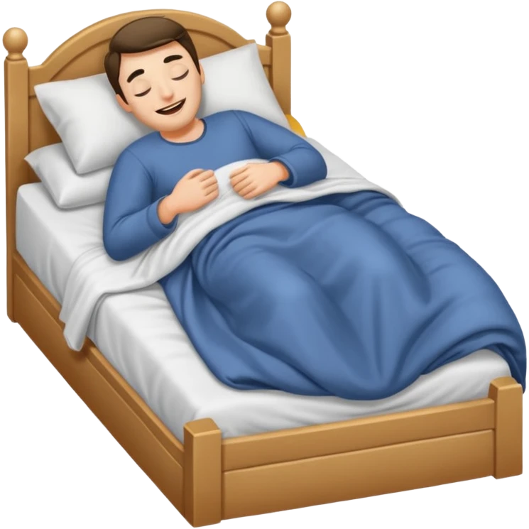 A man in bed under covers kicking feet because so excited to sleep. Eyes are closed and he is smiling. emoji