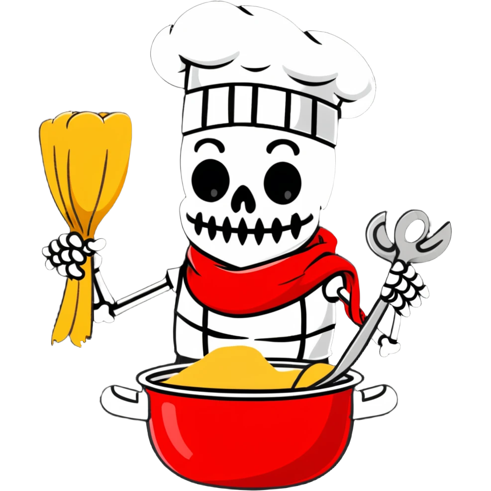 Papyrus from Undertale cooking spaghetti, tall skeleton with red scarf and white armor, enthusiastically stirring pasta in a pot, chef hat emoji