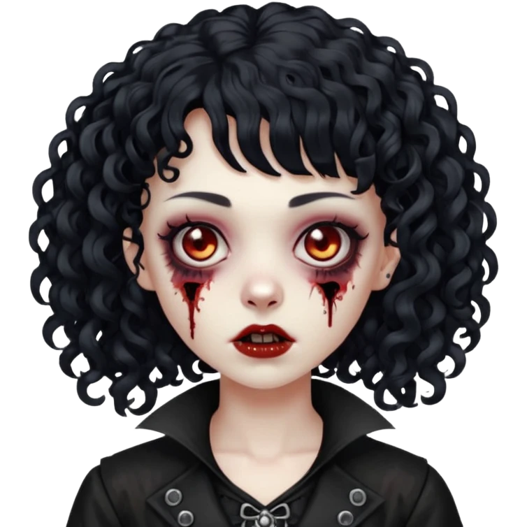 Faça uma mulher zumbi com o cabelo cacheado médio, e uma franja cacheada, cabelo preto e deixe ela meio gótica. emoji