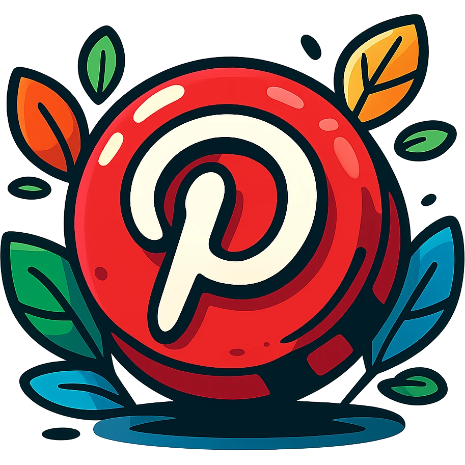 chunky, playful Pinterest logo, vibrant toon style, bold cartoon outline, dramatic shadows, glossy highlights, surrounded by bright leaves, no background emoji
