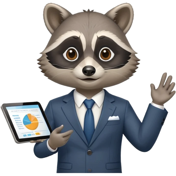 business raccoon in suit giving a PowerPoint presentation emoji