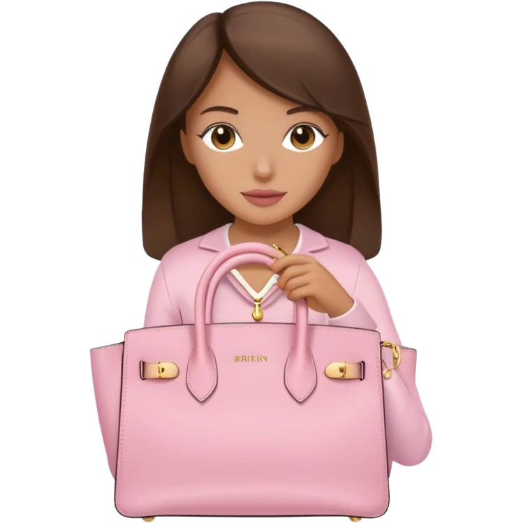 A brunette tan women holding a baby pink Birkin bag with gold hardware emoji