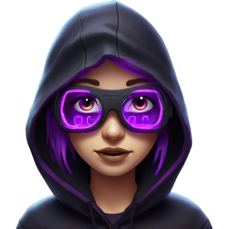 Russian girl wearing black hoody with violet letters "OMG", in vr headset. Cyberpunk style. Violet neon. emoji