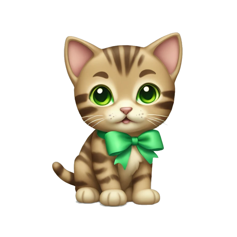extremely cute kawaii brown tabby kitten with green eyes and pastel green bow full body emoji