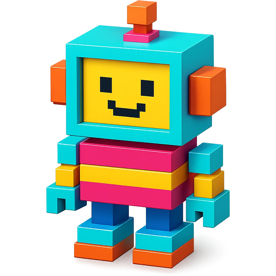 A voxel-style robot with a friendly face, vibrant colors, simple geometric shapes, and a glossy finish emoji