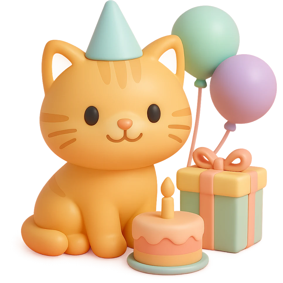 ginger tabby kitten sitting next to a stack of gifts, wearing a party hat, birthday cake and balloons around, cheerful emoji
