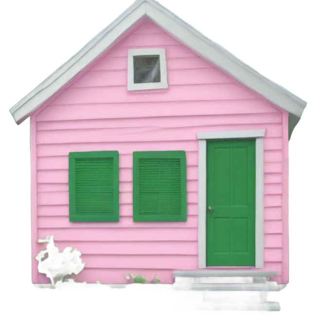 Small pink shack green shutters white roof emoji