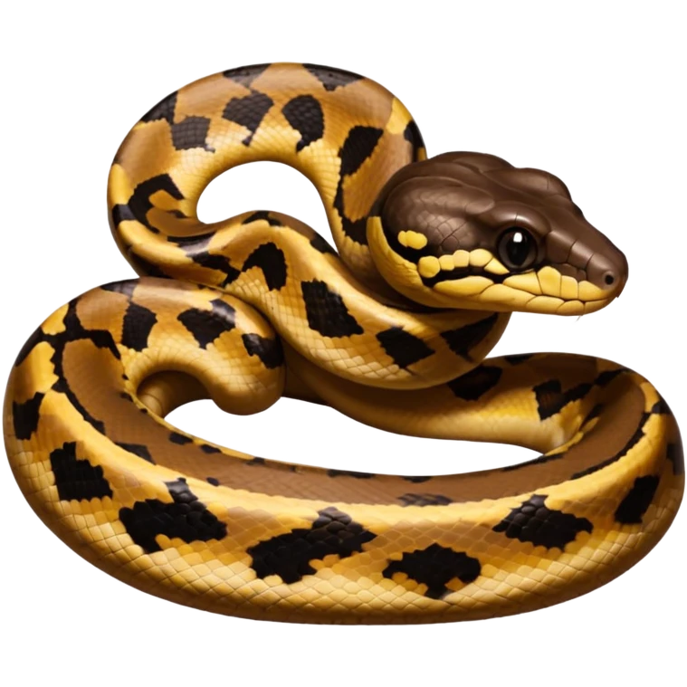 A photo-realistic digital illustration of a Ball Python, chest upward, with a short, rounded head, thick body, and a calm, curious expression. It has a warm brown base color with irregular dark blotches shaped like “alien heads,” and matte-textured scales that emphasize its small, stocky form. emoji