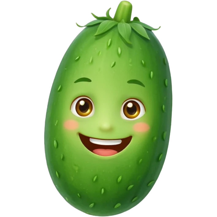 Happy cucumber emoji, big smile, bright eyes, simple flat design, green gradient, white background, vector style emoji