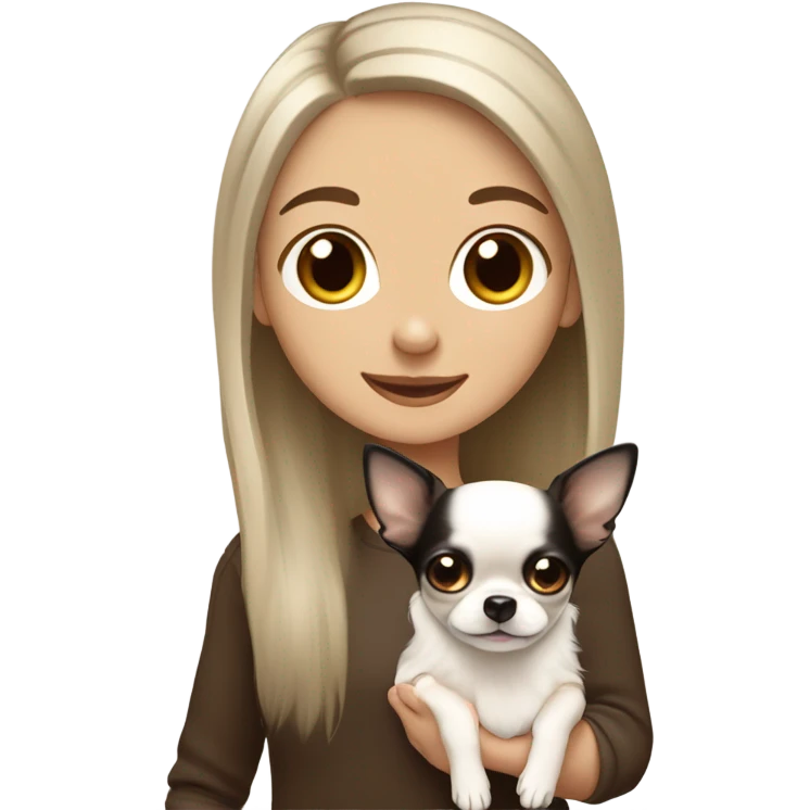 smiling white girl with black long hair and brown eyes with her little solid white chihuahua and tiny solid brown chihuahua emoji