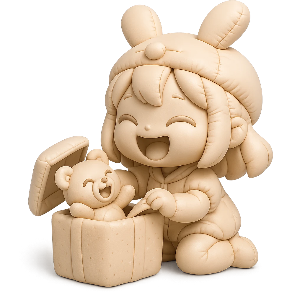 laughing chibi cute girl with a bunny hat, unwrapping a magical glitter gift box with a small laughing teddy bear inside, full body, clean and polished, no imperfections, cushion style emoji