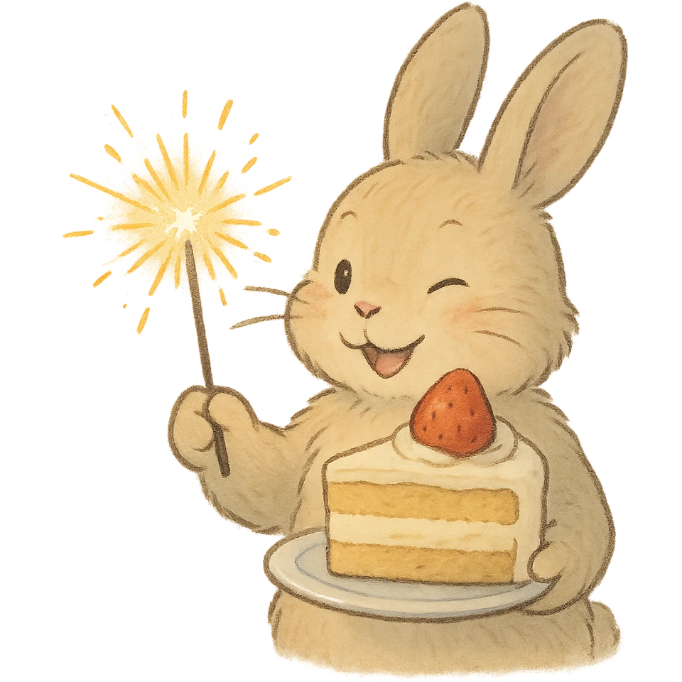 bunny holding cake slice and sparkler, winking, soft ghibli style emoji