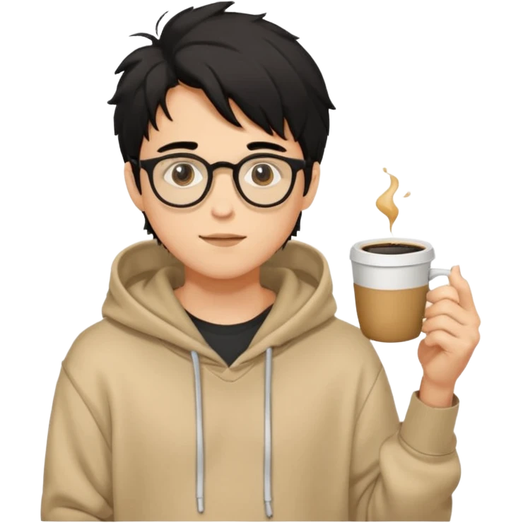 a light tan handsome boy with messy a black hair and spectacles. wearing a beige oversized and loose hoodie with a coffee in hand emoji