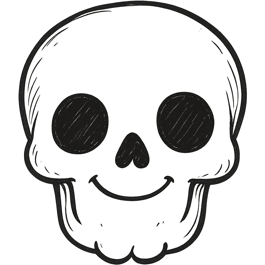 Make the skeleton head look more realistic using only black lines, no color, no shading. Keep it friendly and not scary, front view. emoji