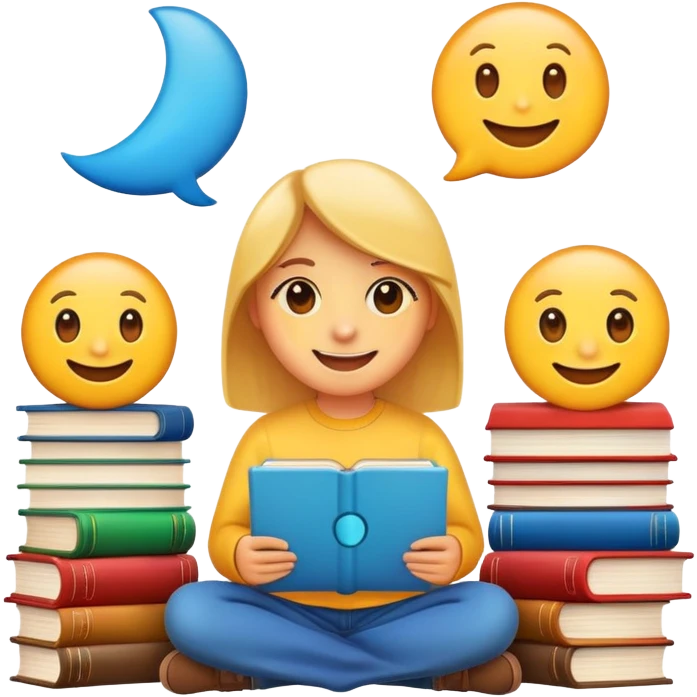 Smart, friendly looking emojis, they are sitting behind a book or laptop emoji