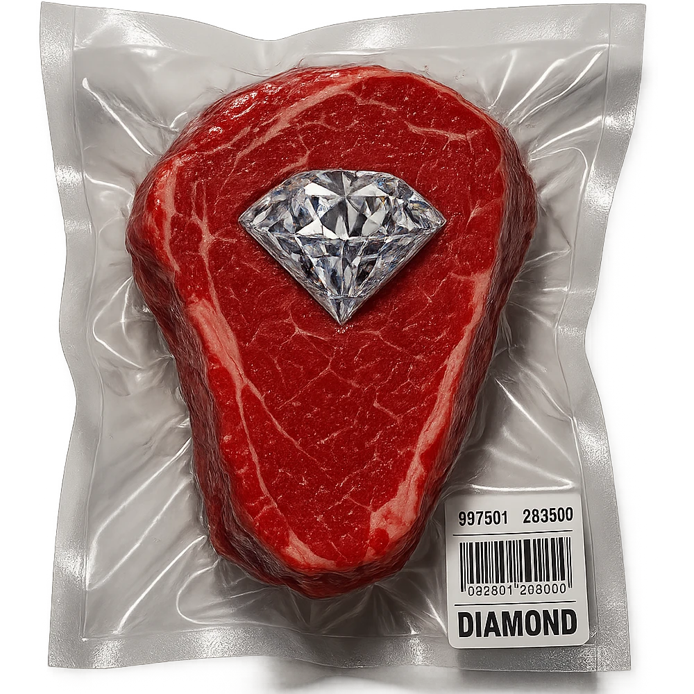 meat steak with sparkling diamond facets, glossy and puffy, vacuum-sealed style emoji