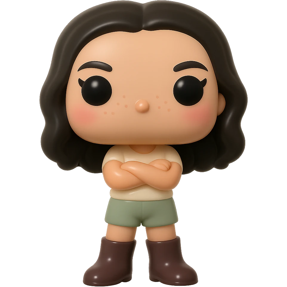 Funko Pop style vinyl figure, enhanced version: superior quality, smooth tanned skin, detailed dark hair, textured clothing with cream top and greige bottoms, dark greige leather boots clearly visible, arms crossed, rosy cheeks, very discreet freckles, mischievous and cheerful expression, no mouth, transparent background. emoji