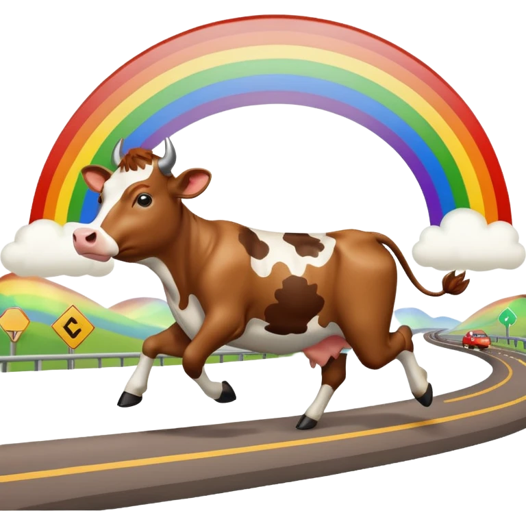 a cow running across a highway on a rainbow shooting a gun emoji
