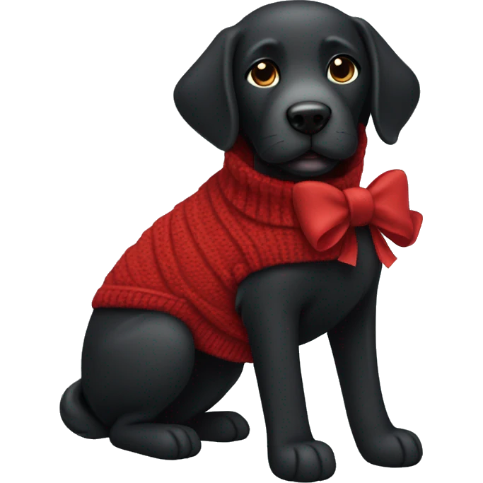 Black labrador with a long curly fur and curly ears in a red sweater and bow emoji
