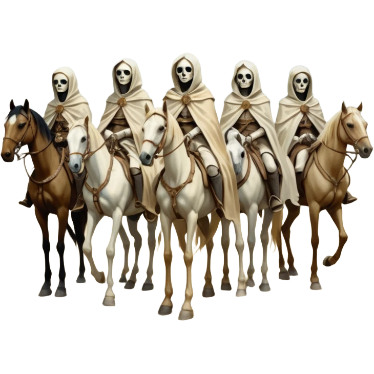 cinematic - aesthetic brilliant divine lighting, oil paint - ivory Four thin women as riders of the Apocalypse, after a graphic by Albrecht Dürer in a desolate landscape on horse skeletons emoji