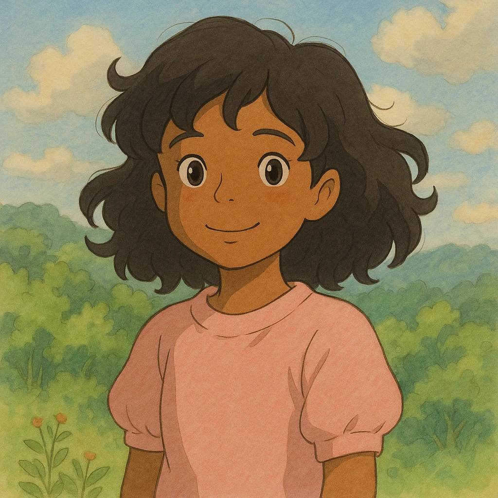 brown girl with black wavy hair, wearing a cute light pink shirt, ghibli-inspired style emoji