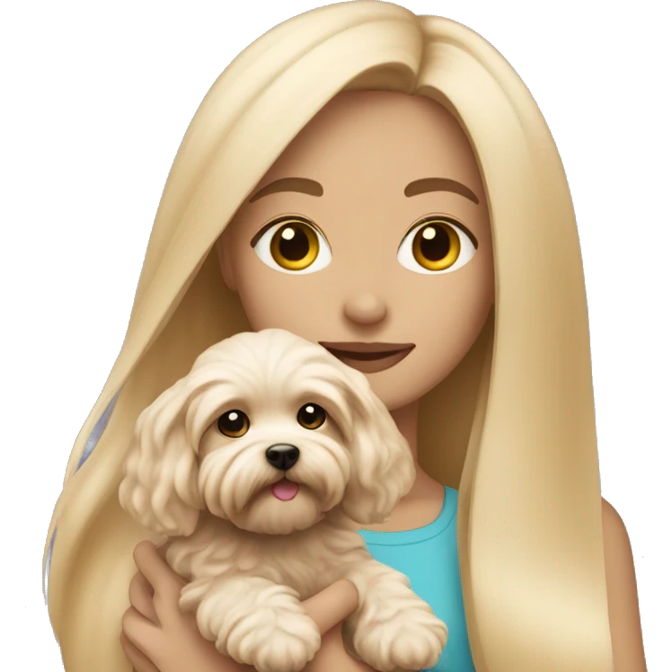 Blonde girl with long straight hair holding a maltipoo emoji