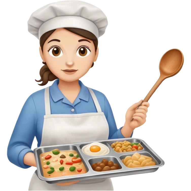 lunch lady holding a ladle and a tray with gross food, cartoonish emoji