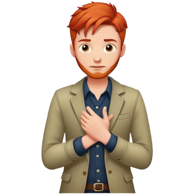Рыжий парень в стильной одежде стоит в недоумении, ладони в сведены emoji