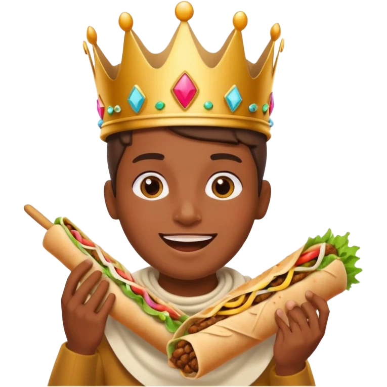 playful half-body person with crown happily eating large kebab wrap, simple vibrant cheerful emoji look emoji