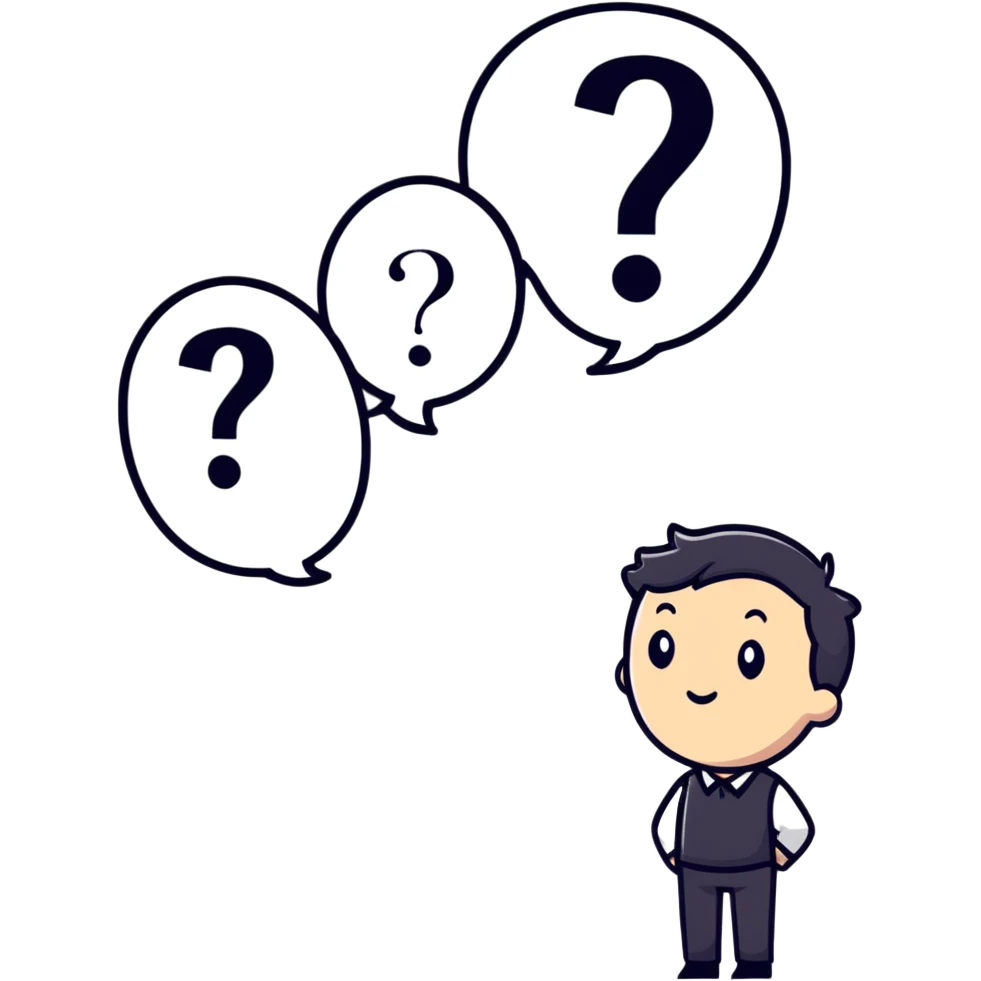 thoughtful person looking up with question marks emoji