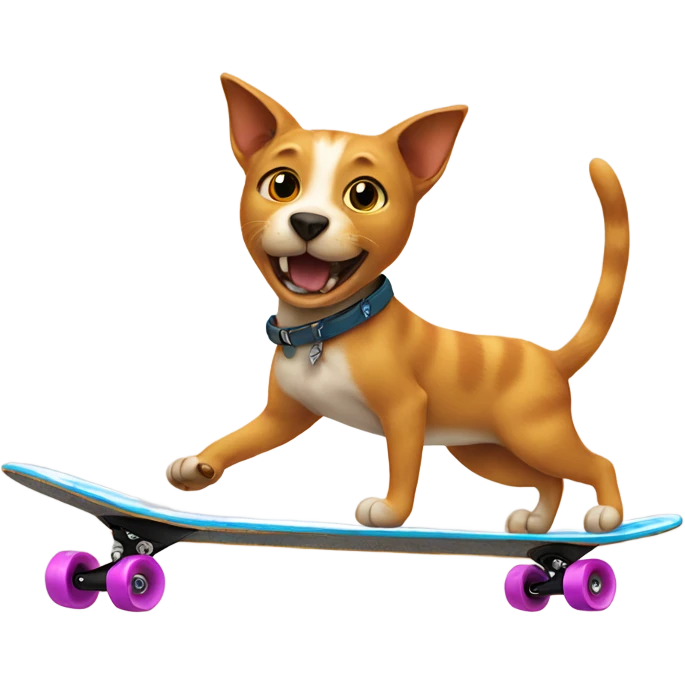 Cat riding a skateboard with a dog chasing it emoji