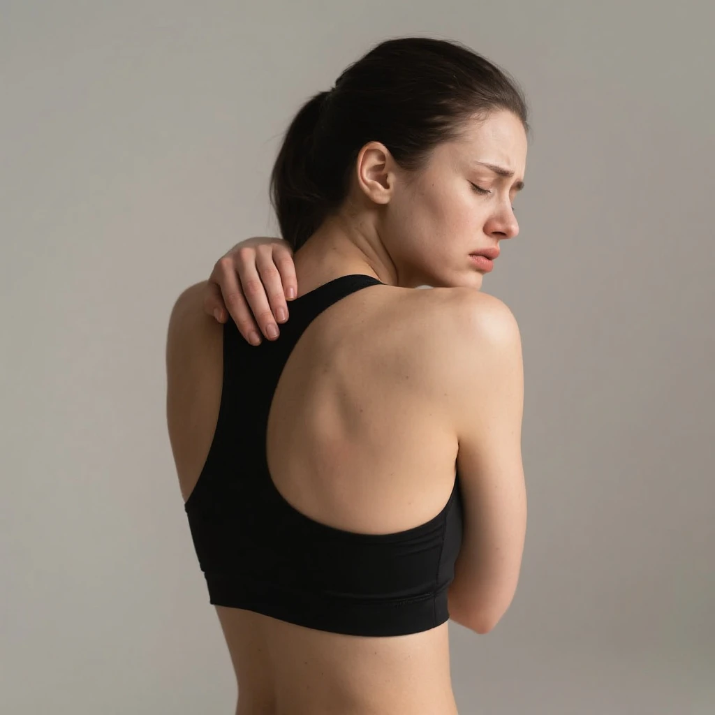 Donna in abbigliamento sportivo, che mostra dolore alla parte alta della schiena, con una mano sulla zona dorsale e espressione sofferente, sfondo neutro emoji