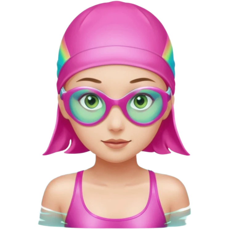 pretty girl with green eyes pink swim cap holographic swimming glasses and cute profesional swimmer pink swimsuit without her hair visible swimming emoji