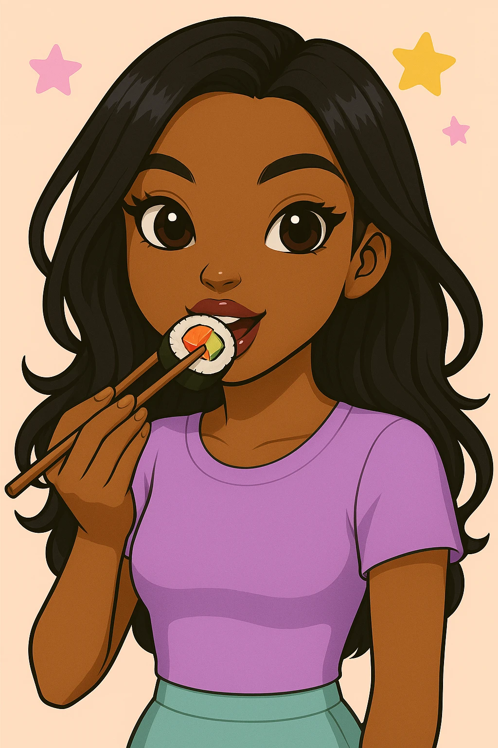 Change the pose to a 20-year-old anime Bratz style woman with dark skin, straight hair, trendy outfit, big expressive eyes, glossy lips, no hat, no tears, happy expression, both eyes open, looking straight ahead, eating a California roll with chopsticks, headshot only. emoji