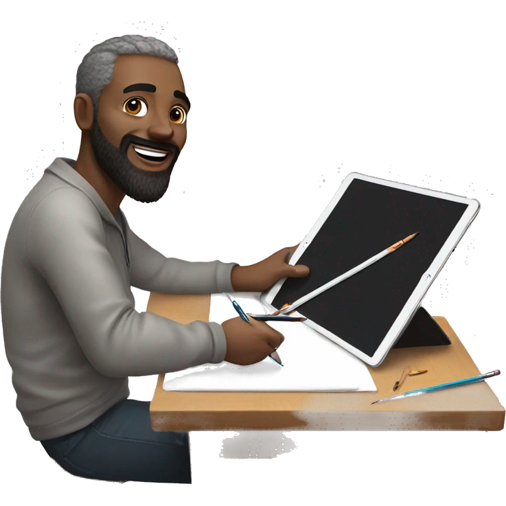 A man, drawing on an iPad with a stylus. , using the iPad placed on a table. with art tools like brushes and pencils around him. 🎨 emoji