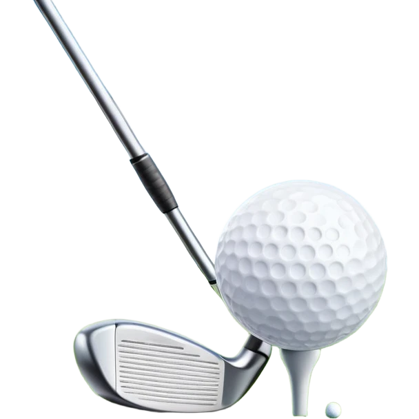 A golf ball on a tee, with a golf club placed beside it on the lush green fairway. The background shows a serene golf course with neatly trimmed grass and a clear blue sky, emphasizing the elegance and precision of the game. emoji